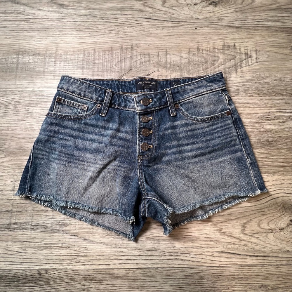 Lucky Brand Denim Shorts Womens 4 27 Blue Button Fly Frayed Hem High Rise Boho